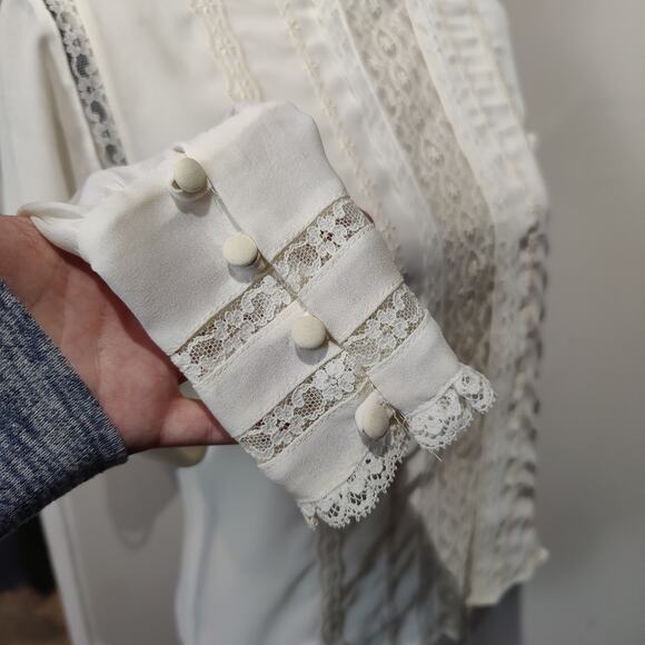 Vintage Ivory Edwardian Cut Out Lace High Collar Shirt Button Up Frilly Coquette - Picture 5 of 8